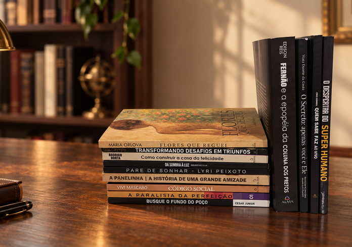 Livros publicados pela Editora Alma sobre uma mesa de escritório